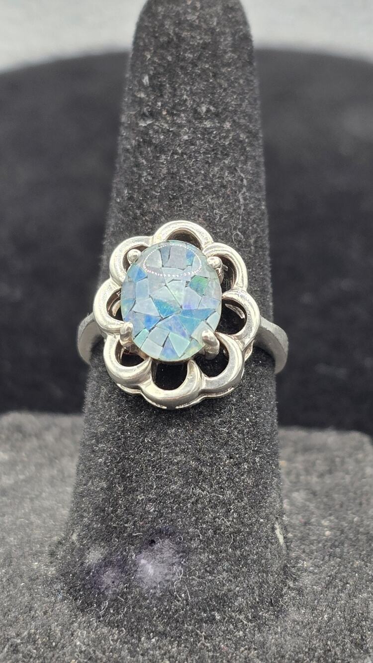 Designer NF Sterling Silver with Mosaic Opal Solitary Stone Ring Size 5